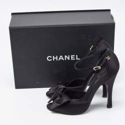 Chanel Black Satin Bow CC Ankle Strap Sandals Size 39.5