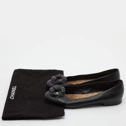 Pre Owned Chanel Black Leather CC Camelia Ballet Flats Size 38.5
