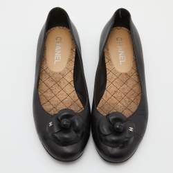 Pre Owned Chanel Black Leather CC Camelia Ballet Flats Size 38.5