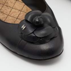 Pre Owned Chanel Black Leather CC Camelia Ballet Flats Size 38.5