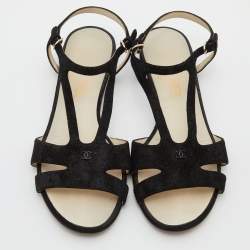 Chanel Black Suede Cut Out Flat Sandals Size 37.5