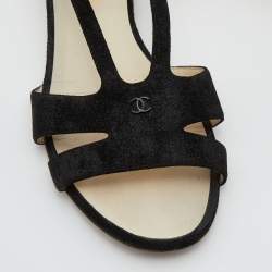 Chanel Black Suede Cut Out Flat Sandals Size 37.5
