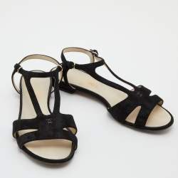 Chanel Black Suede Cut Out Flat Sandals Size 37.5