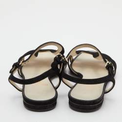Chanel Black Suede Cut Out Flat Sandals Size 37.5