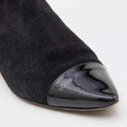 Chanel Black Suede and Patent Leather Strappy Ankle Boots Size 37.5