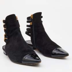 Chanel Black Suede and Patent Leather Strappy Ankle Boots Size 37.5