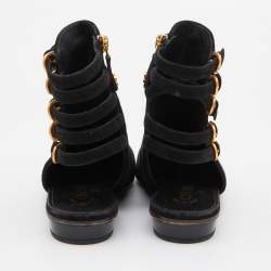 Chanel Black Suede and Patent Leather Strappy Ankle Boots Size 37.5