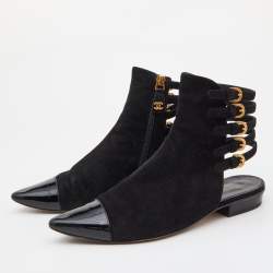 Chanel Black Suede and Patent Leather Strappy Ankle Boots Size 37.5