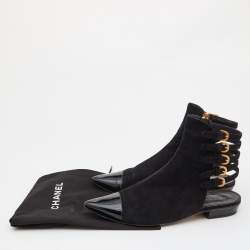 Chanel Black Suede and Patent Leather Strappy Ankle Boots Size 37.5