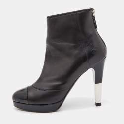 Chanel Black Leather and Patent Cap Toe Platform Ankle Booties Size 38