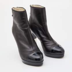 Chanel Black Leather and Patent Cap Toe Platform Ankle Booties Size 38
