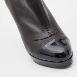 Chanel Black Leather and Patent Cap Toe Platform Ankle Booties Size 38