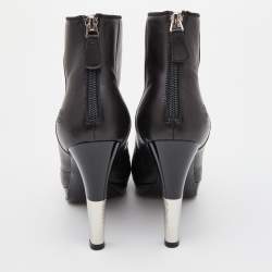 Chanel Black Leather and Patent Cap Toe Platform Ankle Booties Size 38