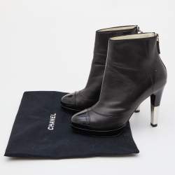 Chanel Black Leather and Patent Cap Toe Platform Ankle Booties Size 38
