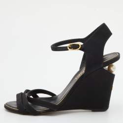 Pre Owned Chanel Black Canvas Pearl-Embellished Wedge Sandals Size 38