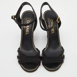 Pre Owned Chanel Black Canvas Pearl-Embellished Wedge Sandals Size 38