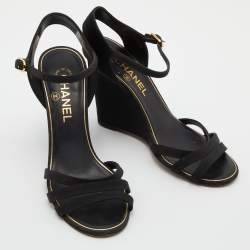 Pre Owned Chanel Black Canvas Pearl-Embellished Wedge Sandals Size 38