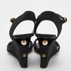 Pre Owned Chanel Black Canvas Pearl-Embellished Wedge Sandals Size 38