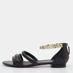 Chanel Black Quilted Leather Embellished Ankle Cuff Flat Sandals Size 38.5