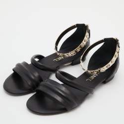 Chanel Black Quilted Leather Embellished Ankle Cuff Flat Sandals Size 38.5