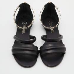 Chanel Black Quilted Leather Embellished Ankle Cuff Flat Sandals Size 38.5