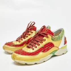 Pre Owned Chanel Multicolor Tweed and Leather CC Low Top Sneakers Size 38