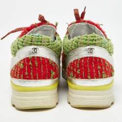 Pre Owned Chanel Multicolor Tweed and Leather CC Low Top Sneakers Size 38