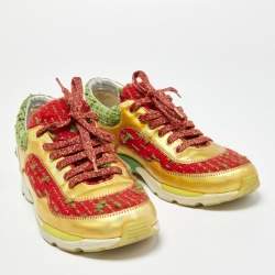 Pre Owned Chanel Multicolor Tweed and Leather CC Low Top Sneakers Size 38