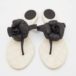 Pre Owned Chanel Black Rubber Camellia Thong Flats Size 37