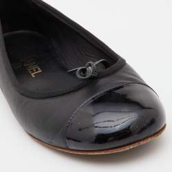 Pre Owned Chanel Black Leather and Patent Cap Toe Bow CC Ballet Flats Size 38