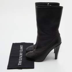 Pre Owned Chanel Black Whipstitch Leather CC Cap Toe Mid Calf Boots Size 38.5