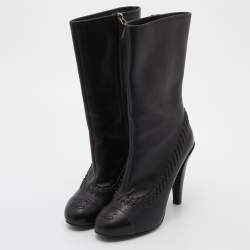 Pre Owned Chanel Black Whipstitch Leather CC Cap Toe Mid Calf Boots Size 38.5
