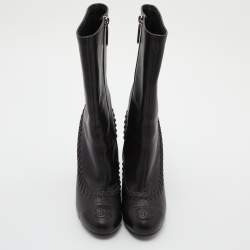 Pre Owned Chanel Black Whipstitch Leather CC Cap Toe Mid Calf Boots Size 38.5