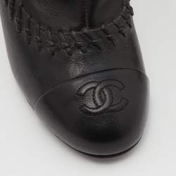 Pre Owned Chanel Black Whipstitch Leather CC Cap Toe Mid Calf Boots Size 38.5
