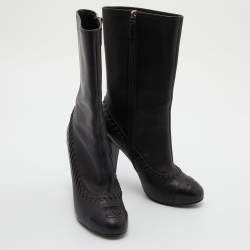 Pre Owned Chanel Black Whipstitch Leather CC Cap Toe Mid Calf Boots Size 38.5