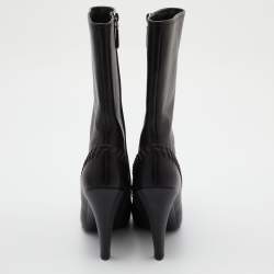 Pre Owned Chanel Black Whipstitch Leather CC Cap Toe Mid Calf Boots Size 38.5