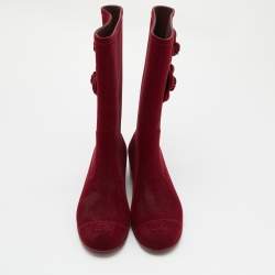 Chanel Burgundy Velvet CC Camellia Embellished Rain Boots Size 41