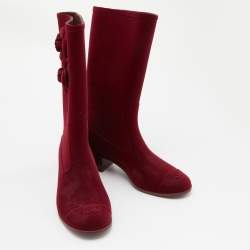 Chanel Burgundy Velvet CC Camellia Embellished Rain Boots Size 41