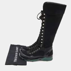 Chanel Black Tweed and Leather Knee High Sneaker Boots Size 37.5