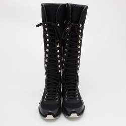Chanel Black Tweed and Leather Knee High Sneaker Boots Size 37.5