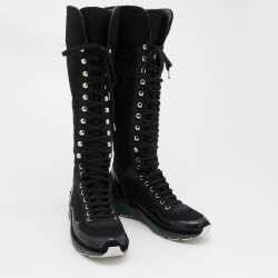 Chanel Black Tweed and Leather Knee High Sneaker Boots Size 37.5