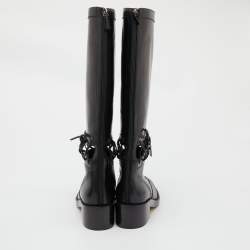 Pre Owned Chanel Black Leather CC Cut Out Knee Length Boots Size 38.5