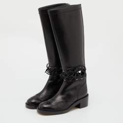 Pre Owned Chanel Black Leather CC Cut Out Knee Length Boots Size 38.5