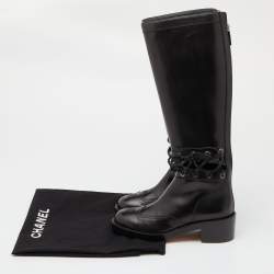 Pre Owned Chanel Black Leather CC Cut Out Knee Length Boots Size 38.5