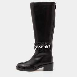 Pre Owned Chanel Black Leather CC Cut Out Knee Length Boots Size 38.5