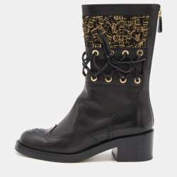 Chanel Black/Gold Leather and Tweed Mid Calf Boots Size 38