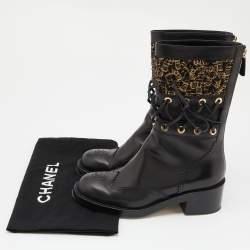 Chanel Black/Gold Leather and Tweed Mid Calf Boots Size 38