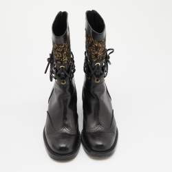 Chanel Black/Gold Leather and Tweed Mid Calf Boots Size 38