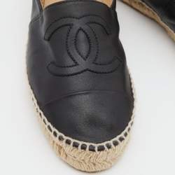Pre Owned Chanel Black Leather CC Espadrille Flats Size 38