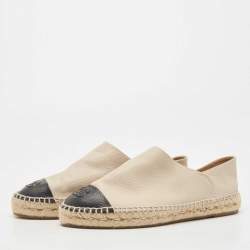 Chanel Beige/Black Leather CC Cap Toe Espadrilles Flats Size 39
